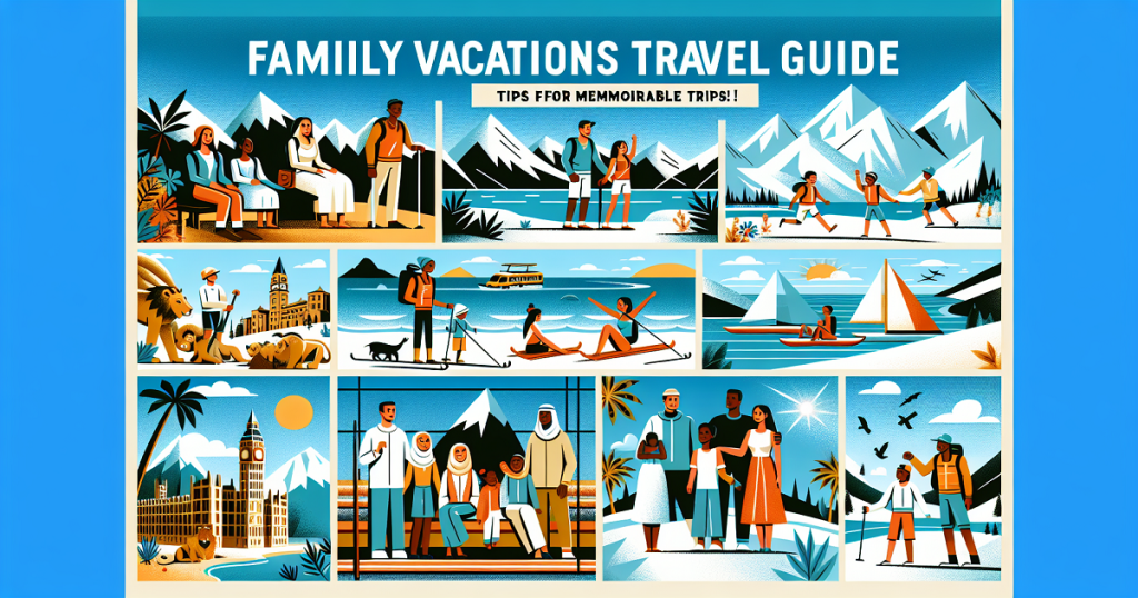 A colorful collage illustrating diverse families engaged in various vacation activities including beach outings, mountain hiking, city tours, and boating, accompanied by the heading "FAMILY VACATIONS TRAVEL GUIDE - TIPS FOR MEMORABLE TRIPS!"