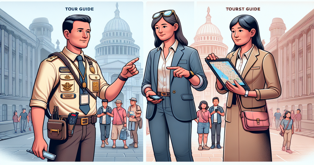 An illustration comparing a tour guide and a tourist guide, with the tour guide on the left in a uniform and the tourist guide on the right holding a map