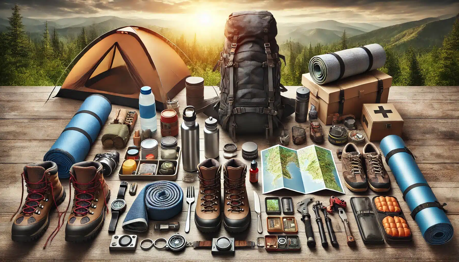 A neatly arranged collection of essential trekking gear, including a backpack, map, compass, first aid kit, and sturdy hiking boots, displayed on a simple, neutral background. The image highlights the importance of these items for a safe and successful solo adventure trek, with a clean and organized presentation. 
