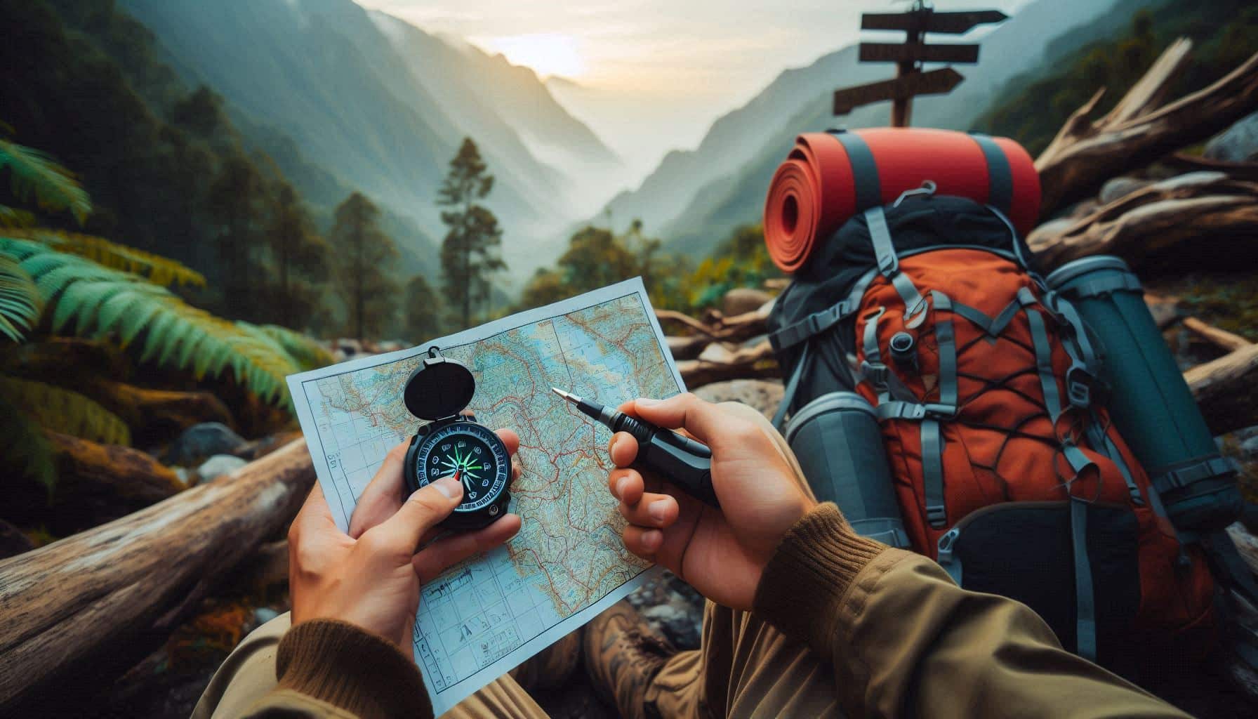 A lone hiker stands on a forest trail, attentively using a compass and map to navigate, with subtle directional markers visible along the path. The dense forest background, with tall trees and soft light filtering through, creates an environment that emphasizes the importance of navigation skills and techniques for solo trekking. 