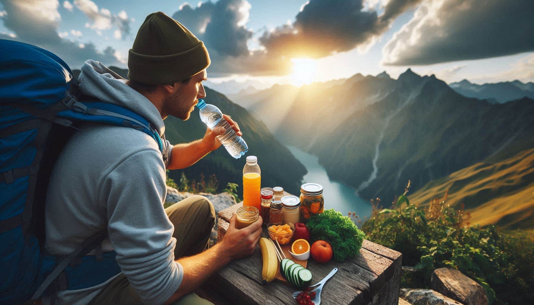 A lone hiker sits on a forest trail, taking a break to drink from a water bottle and enjoy a healthy snack like trail mix. The surrounding forest is calm and inviting, with soft sunlight filtering through the trees, highlighting the importance of proper hydration and nutrition during a trek. 