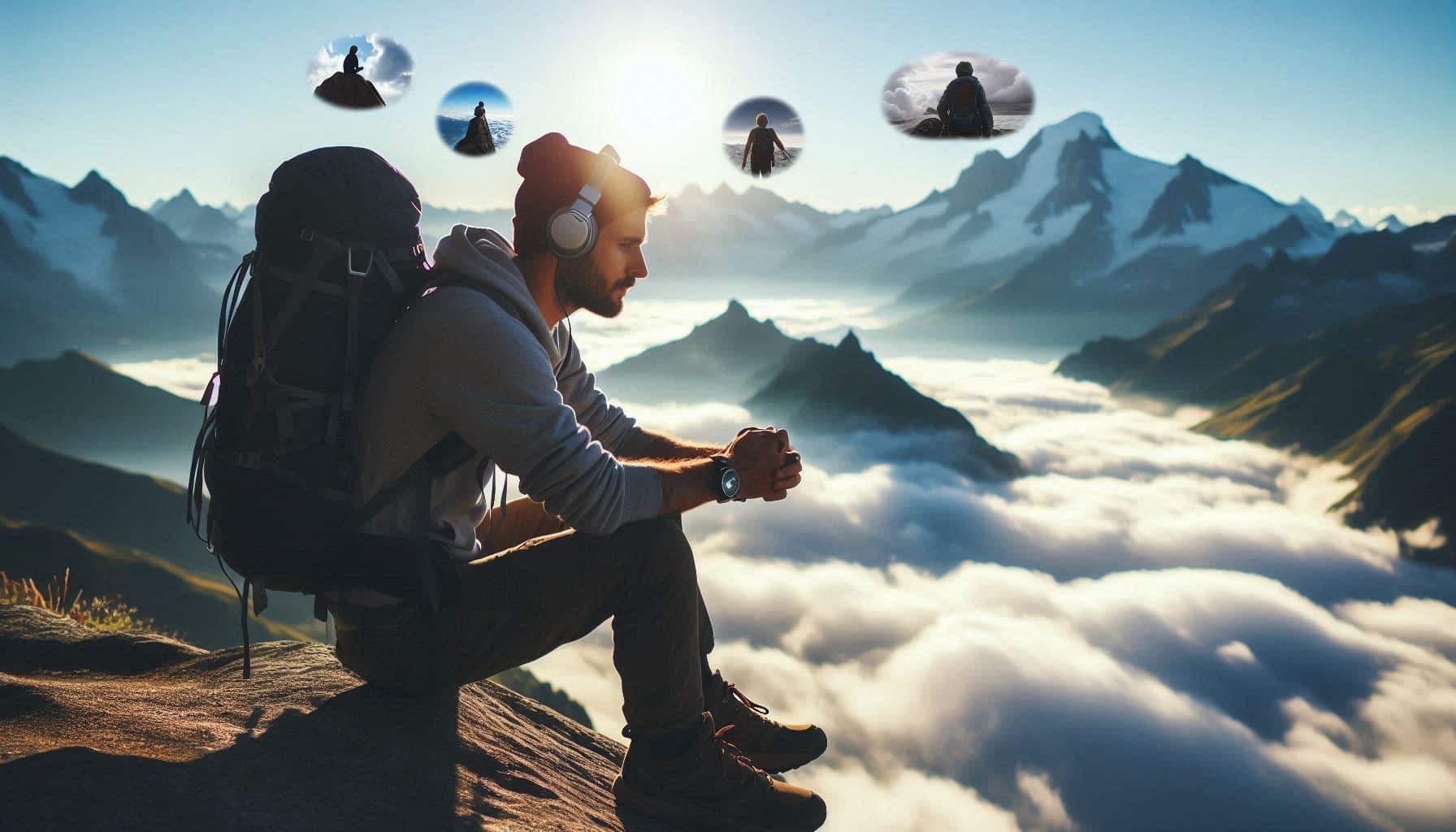 A lone hiker sits thoughtfully on a rock in a tranquil forest, with a calm and reflective expression, symbolizing introspection and emotional resilience. The peaceful surroundings, with tall trees and soft, diffused light, create a serene atmosphere that underscores the process of coping with mental and emotional challenges during a trek. 