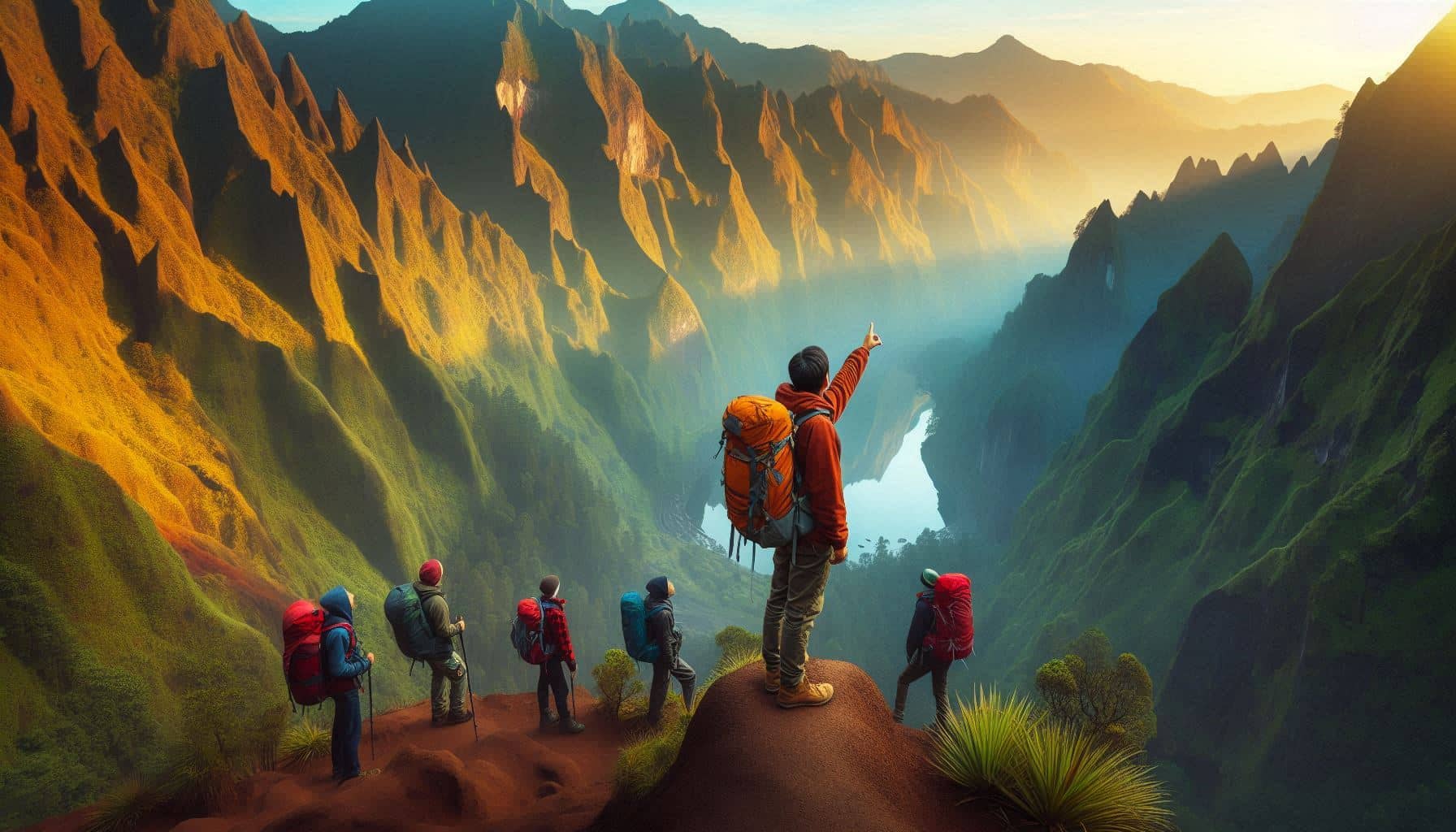 A small group of hikers gathers around an experienced guide on a forest trail, listening attentively as the guide gives instructions. The background features a peaceful forest with soft light filtering through the trees, emphasizing the importance of seeking professional guidance and the camaraderie found in trekking groups. 