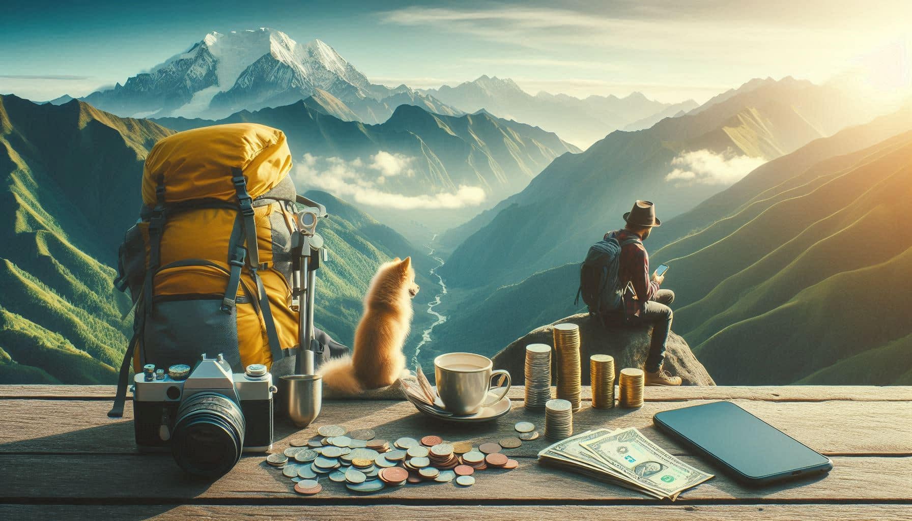 A minimalist layout showing a notepad with a checklist, a small pile of cash, and essential trekking gear like boots and a backpack, all neatly arranged on a simple background. The image highlights the importance of budgeting and financial planning when preparing for a trek. 