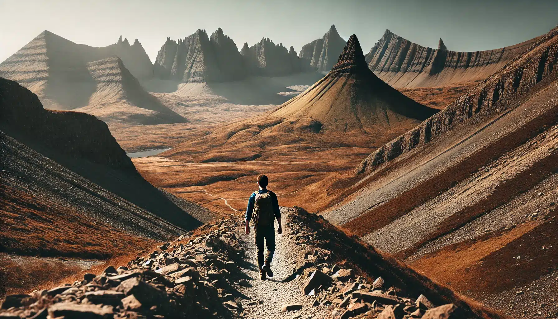 A lone hiker stands triumphantly on a mountain peak, overlooking an expansive landscape with valleys and distant mountains under a clear blue sky. The image captures the essence of freedom, self-discovery, and the thrill of solo adventure trekking. 