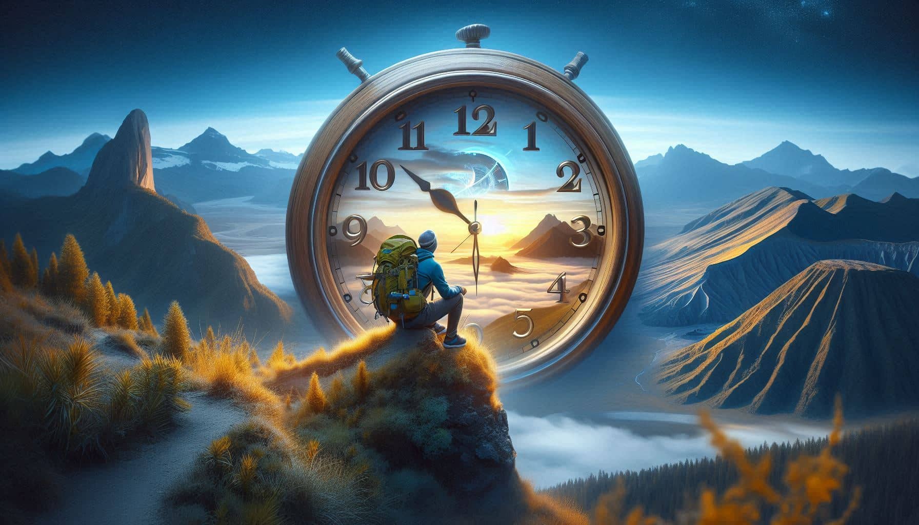 A lone hiker stands at the edge of a forest, gazing out at a landscape where the sky transitions from day to night, symbolizing the consideration of different times, weather conditions, and seasons. The scene captures the importance of choosing the right time for a solo adventure trek, with soft lighting that emphasizes the changing sky. 