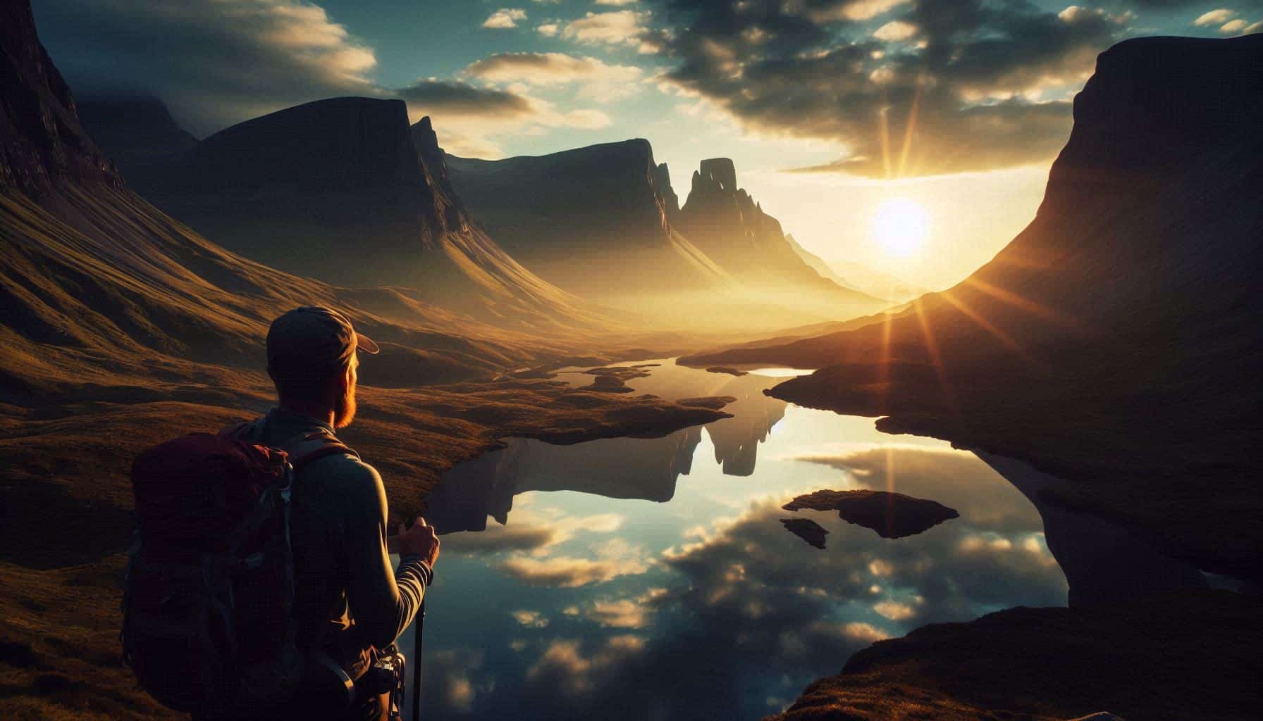 A lone hiker sits peacefully by a calm lake, gazing at the serene landscape with a contemplative expression. The tranquil environment, with still water reflecting the surrounding trees and mountains, emphasizes the reflective nature of the moment, symbolizing personal growth and introspection after a solo adventure trek. 