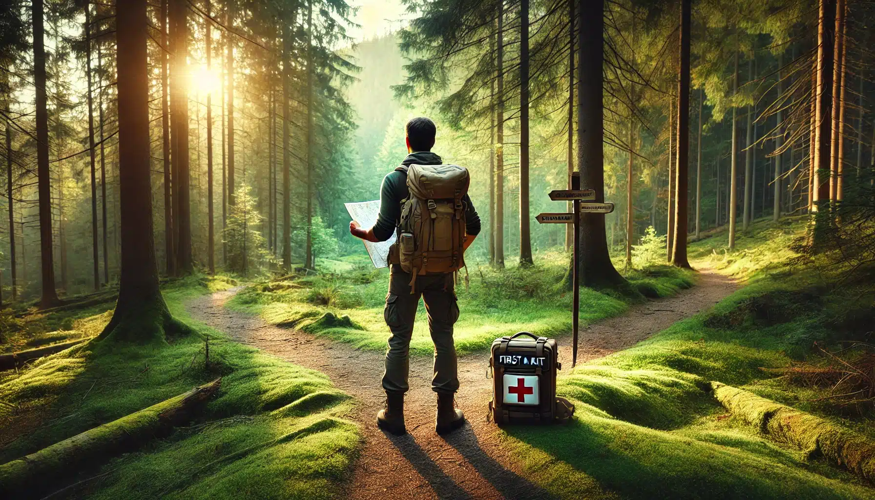 A lone hiker stands at a crossroads on a peaceful forest trail, holding a map and compass, with a first aid kit visible from the backpack. The hiker is surrounded by tall, green trees with soft sunlight filtering through, creating a calm and reassuring atmosphere. The image conveys a sense of preparedness and safety, aligning with the theme of staying safe during a solo adventure trek. 