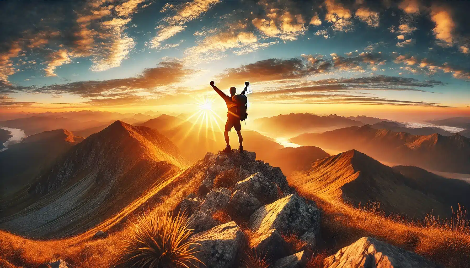 A lone hiker stands at the edge of a scenic viewpoint, overlooking a vast, breathtaking landscape of mountains and forests. The hiker appears relaxed and content, taking in the beauty of the surroundings, with warm sunlight casting a golden glow over the scene. The image conveys a sense of achievement, fulfillment, and the rewarding experience of solo adventure trekking. 