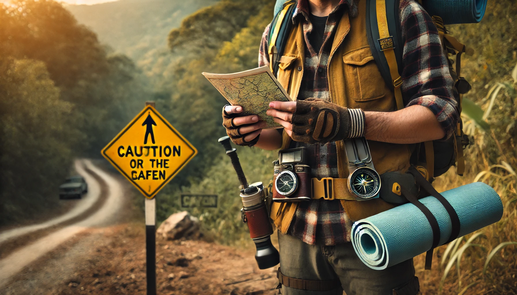 A lone hiker is seen standing on a quiet trail, intently looking at a map. The surrounding landscape includes gentle hills and tall trees, under a clear sky. The scene conveys the sense of careful planning and the pursuit of the perfect solo trekking adventure. 