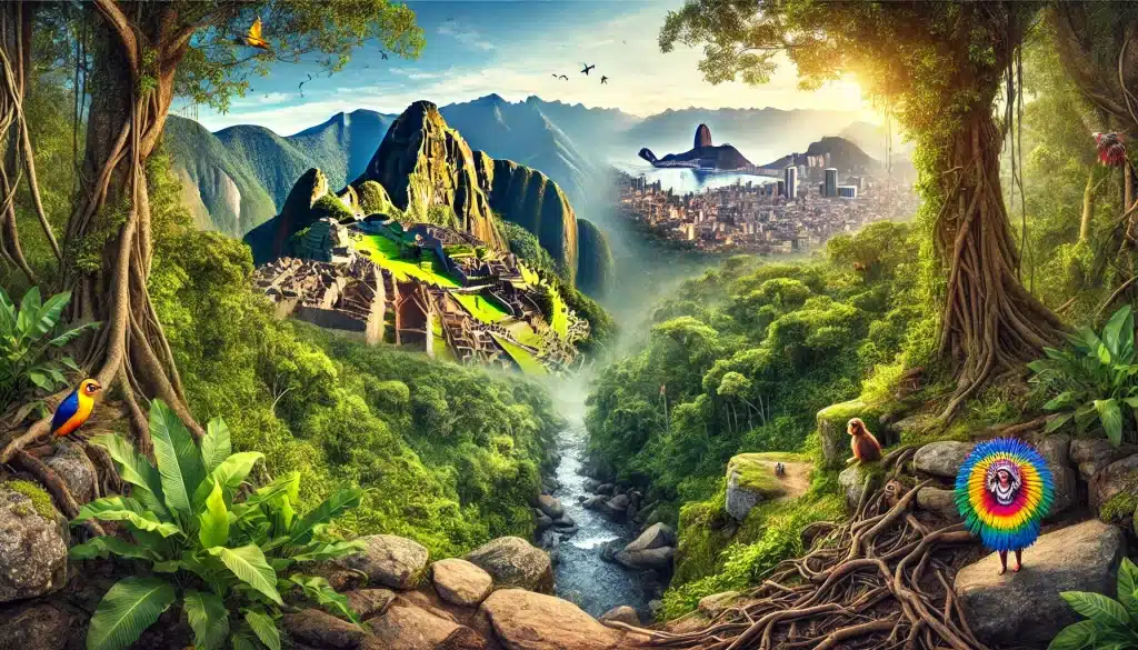 A panoramic image of Latin America featuring Machu Picchu with its ancient ruins and lush greenery, Rio de Janeiro's cityscape under festive lights with no people, and the dense, wildlife-rich Amazon Rainforest with visible birds and monkeys. The image showcases a harmonious blend of natural landscapes