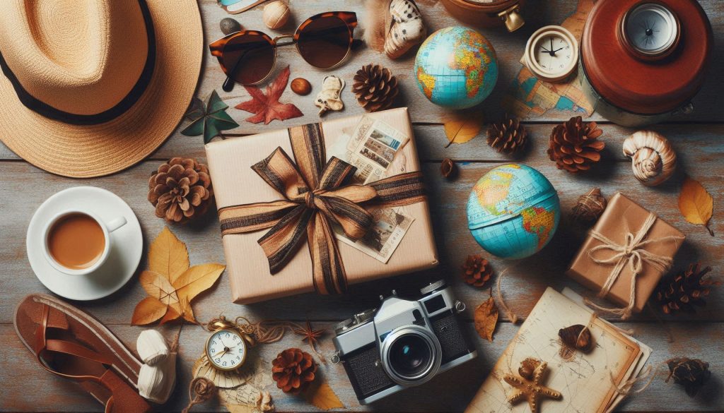 A beautifully arranged collection of travel-themed gifts including a wrapped present with a ribbon, a vintage camera, a globe, sunglasses, a hat, a cup of coffee, and autumn leaves, set on a rustic wooden surface.